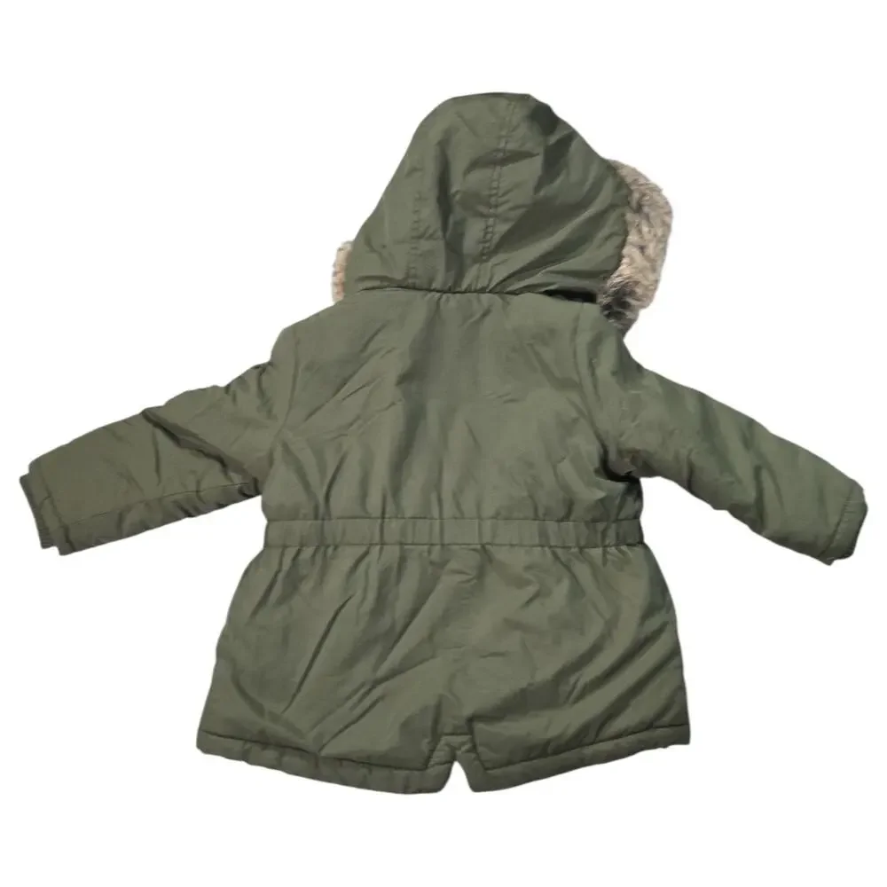 Young Dimension Baby Girls 12-18M Olive Green Parka Coat Faux Fur Floral Sherpa